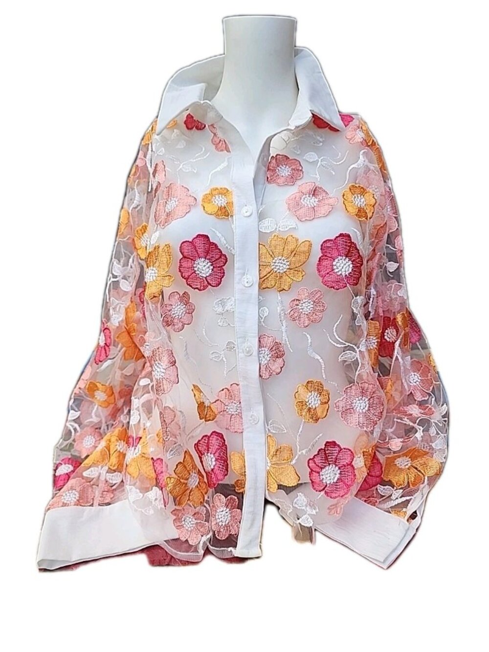 Sapphire Pink Orange Yellow Flower Embroidery Sheer Mesh Collared Blouse Sz XL
